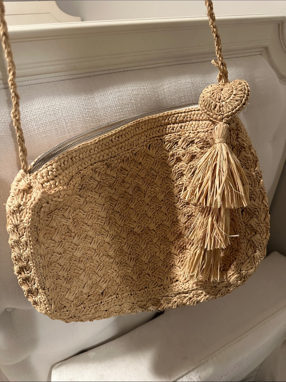 Mar y Sol Straw Bag Heart Tassel Crossbody with Strap Zipper